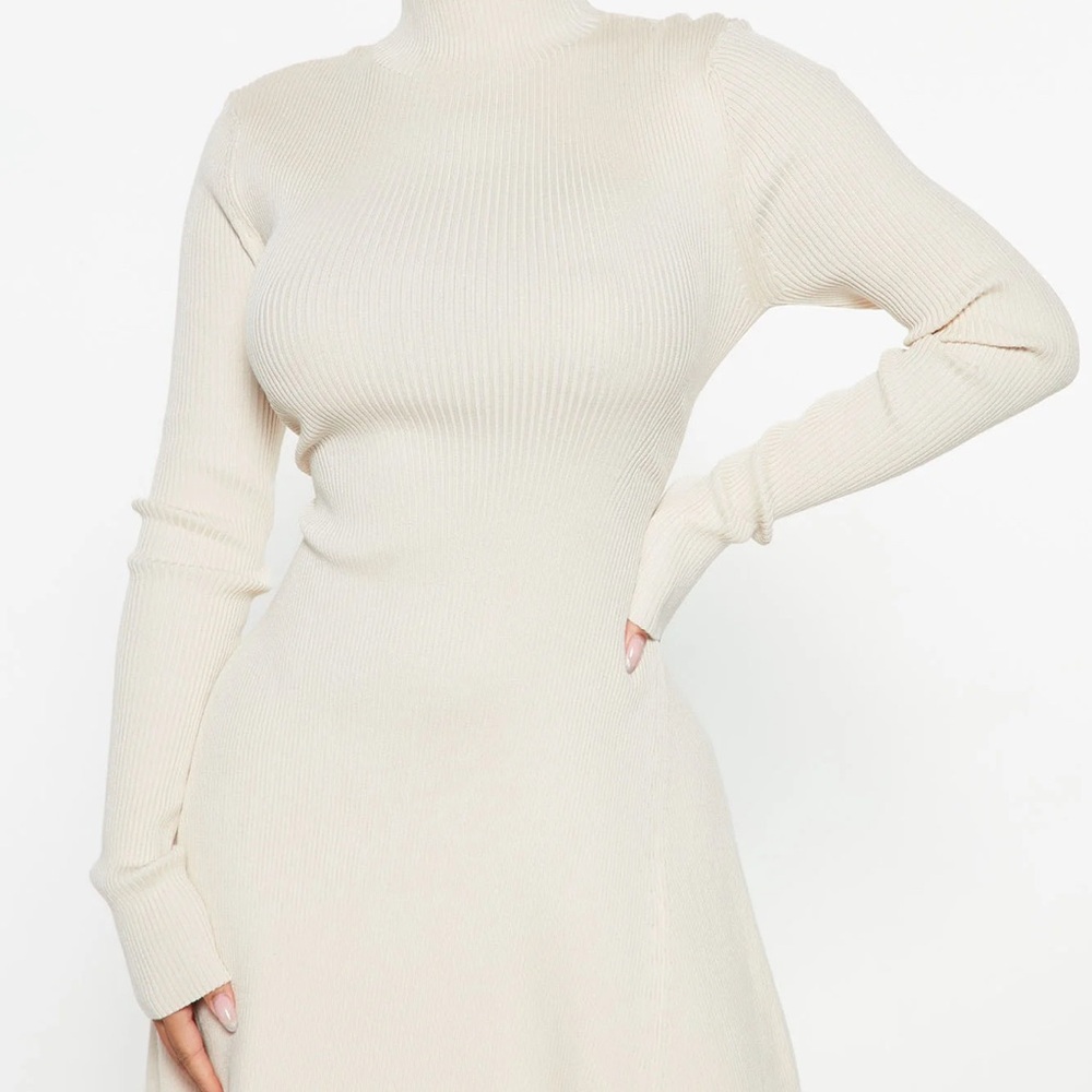 Cream Ribbed Turtleneck Dress